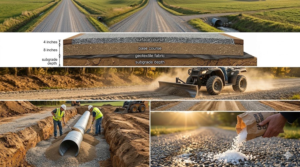Gravel road maintenance guide — crowned road, layer diagram, ATV grading, culvert installation, calcium chloride application